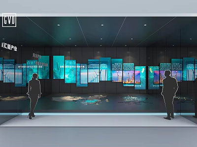 Modern Tech Exhibition Hall Featuring Large Digital Screens With Interactive Blue Tech Visuals And Viewers 3d model