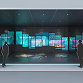 Modern Tech Exhibition Hall Featuring Large Digital Screens With Interactive Blue Tech Visuals And Viewers 3d model