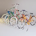 Colorful Bicycles Parked on White Wavy Bike Racks in White Background