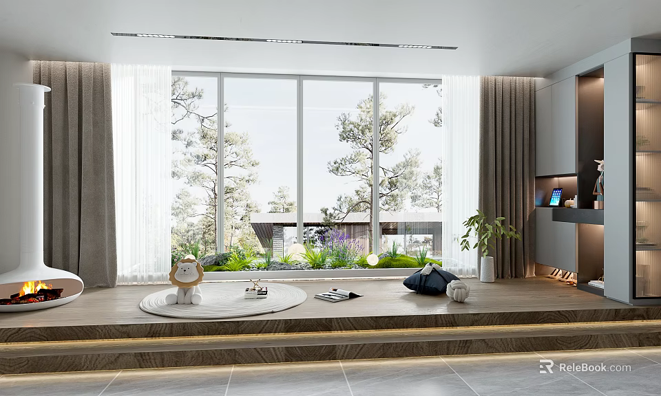 Home Balcony With Stepped Wooden Floor Large Windows Outside Greenery Plush Toy Books on Sill 3d model 