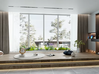 Home Balcony With Stepped Wooden Floor Large Windows Outside Greenery Plush Toy Books on Sill 3d model