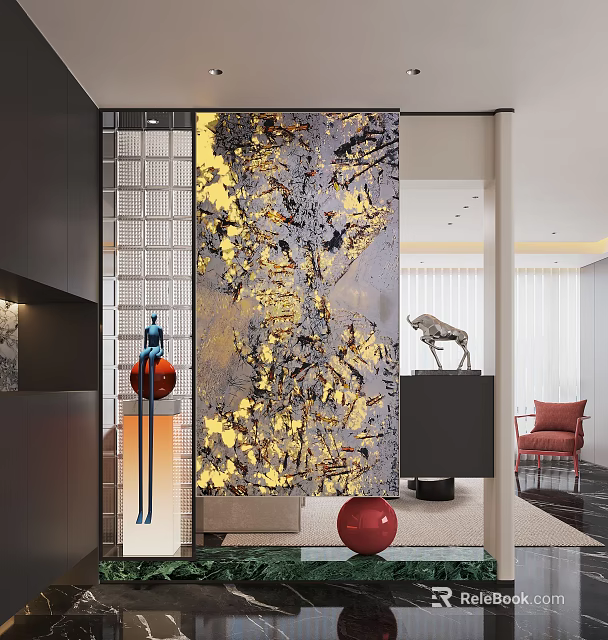 Modern Luxury Foyer Hallway With Golden Patterned Screen And Red Decorative Ornaments 3d model 
