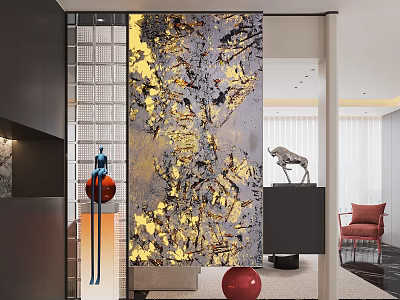 Modern Luxury Foyer Hallway With Golden Patterned Screen And Red Decorative Ornaments 3d model