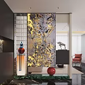 Modern Luxury Foyer Hallway With Golden Patterned Screen And Red Decorative Ornaments
