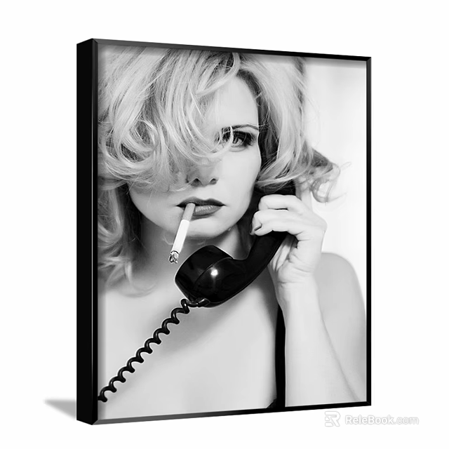 Black and White Woman Portrait with Curly Hair Holding Vintage Telephone and Cigarette in Mouth 3d model 