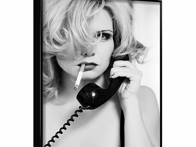 Black and White Woman Portrait with Curly Hair Holding Vintage Telephone and Cigarette in Mouth 3d model