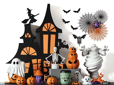Halloween Decorative Items With Witch Bats Spider Web Pumpkin Lanterns Skeleton Ghosts 3d model