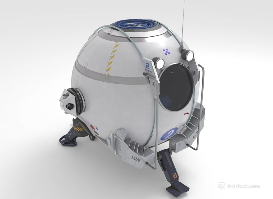 Spherical Metal Exploration Device With Support Legs Antenna Yellow Stripes Blue Markings And Observation Window 3d model 