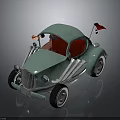 Vintage Light Green Toy Car with Red Seats Silver Decorations and Small Red Flag