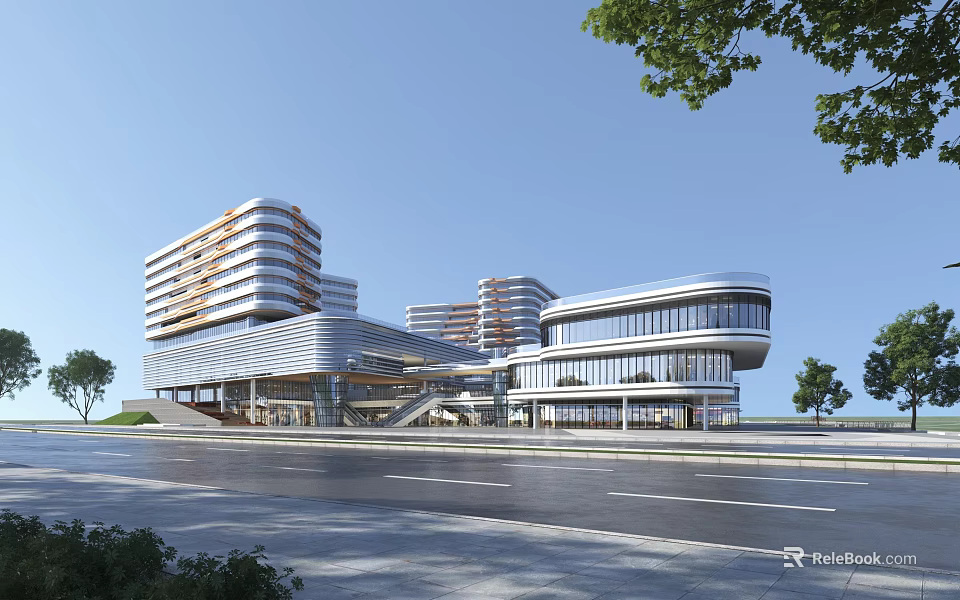 Modern Industrial Park With Multi Story Glass Facade Buildings And Green Road Surroundings 3d model 