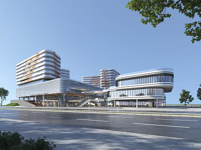 Modern Industrial Park With Multi Story Glass Facade Buildings And Green Road Surroundings 3d model
