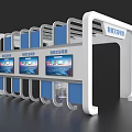 Modern Event Exhibition Wall with Cultural Display Screens Tables Chairs and Green Plant