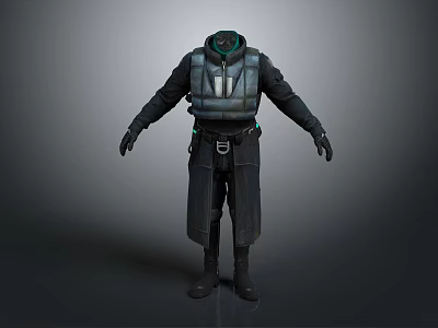 Futuristic Character In Black Protective Suit With Green Accents And Helmet 3d model