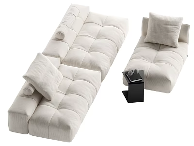 Beige Plush Modular Sectional Sofa With Cushions And Black Side Table Coffee Cup 3d model