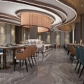 Luxury Modern Restaurant Interior With Marble Flooring Circular Chandelier Large Windows Open Layout Dining Tables Chairs