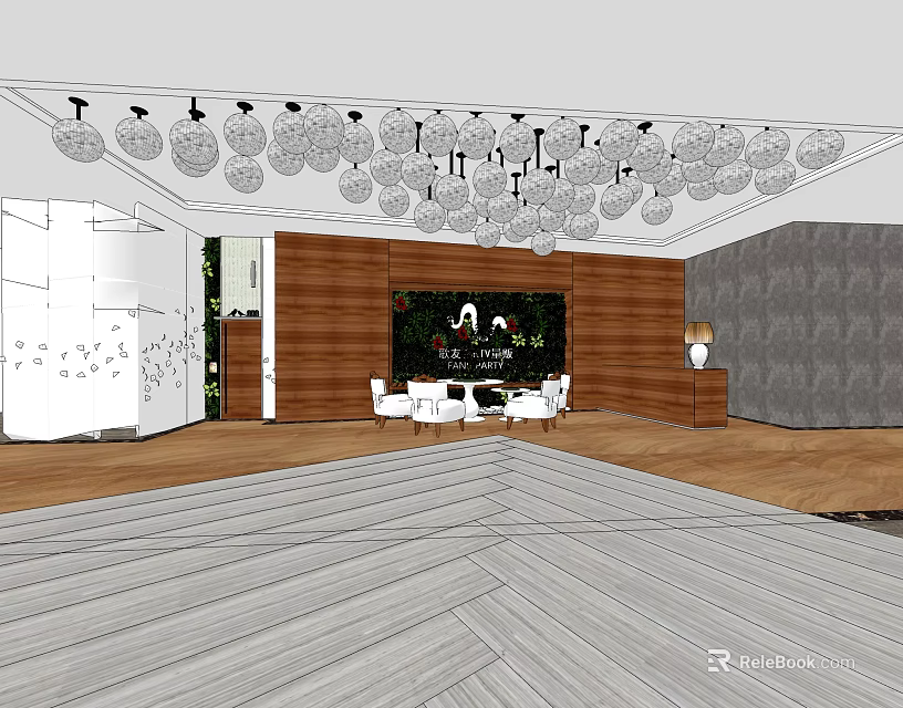 Modern KTV Interior Design With Hanging Chandeliers Wooden Wall TV Screen And White Sofas 3d model 