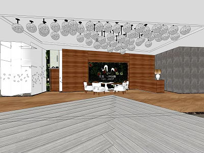 Modern KTV Interior Design With Hanging Chandeliers Wooden Wall TV Screen And White Sofas 3d model