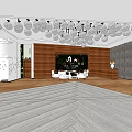 Modern KTV Interior Design With Hanging Chandeliers Wooden Wall TV Screen And White Sofas