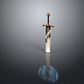 Ancient Medieval Sword With Ornate Hilt Metal Blade And Floor Reflection