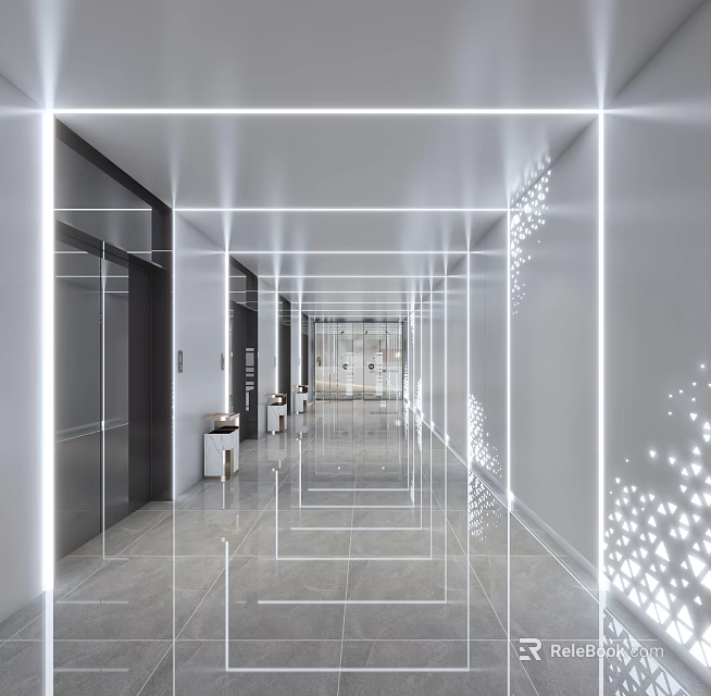 Modern Elevator Hallway Interior Design With Mirrored Walls And Bright Recessed Lighting 3d model 