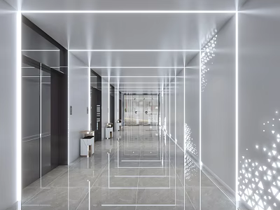 Modern Elevator Hallway Interior Design With Mirrored Walls And Bright Recessed Lighting 3d model