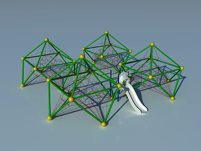 Outdoor Playground Equipment Featuring Green Frames Yellow Balls Net Structure and Slide 3d model