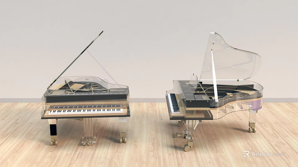 Transparent Musical Pianos with Black and White Frames Placed on Wooden Floor 3d model 