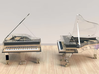 Transparent Musical Pianos with Black and White Frames Placed on Wooden Floor 3d model