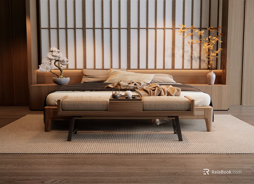 Double Bed with Striped Wooden Wall Bedside Tables Bench and Pillows on Rug 3d model 