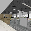 Modern Open Public Office Space With Work Desks Office Chairs Large Windows And Hanging Lights