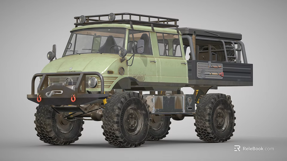 Green Off Road Utility Vehicle with Large Tires Roof Rack and Open Cargo Bed 3d model 