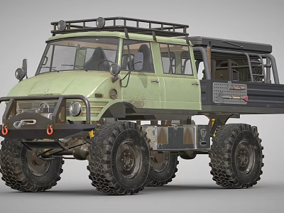 Green Off Road Utility Vehicle with Large Tires Roof Rack and Open Cargo Bed 3d model