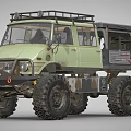 Green Off Road Utility Vehicle with Large Tires Roof Rack and Open Cargo Bed