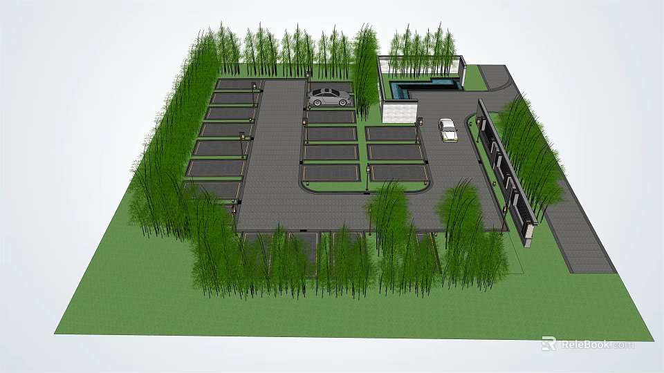 Well Designed Parking Lot With Multiple Spaces Trees And Parked Cars 3d model 