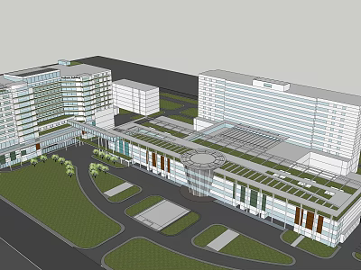 Modern Building Complex With Connected Structures Green Roof And Lawn Areas 3d model
