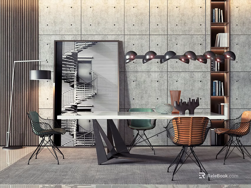 Modern Dining Table Set With Colorful Chairs And Pendant Lights In Concrete Room 3d model 