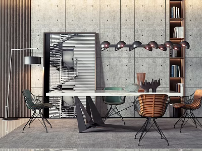 Modern Dining Table Set With Colorful Chairs And Pendant Lights In Concrete Room 3d model