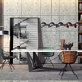 Modern Dining Table Set With Colorful Chairs And Pendant Lights In Concrete Room