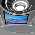 Futuristic Exhibition Space Featuring Large Curved Screen Cityscape Display And Circular Lit Ceiling Platform