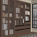 Modern Glass Door Bookcase With Multiple Shelves And Storage Drawers In Bright Room
