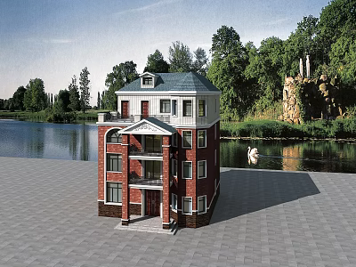 Detached Villa Featuring Red Brick Exterior White Window Frames Lake View And Surrounding Trees 3d model