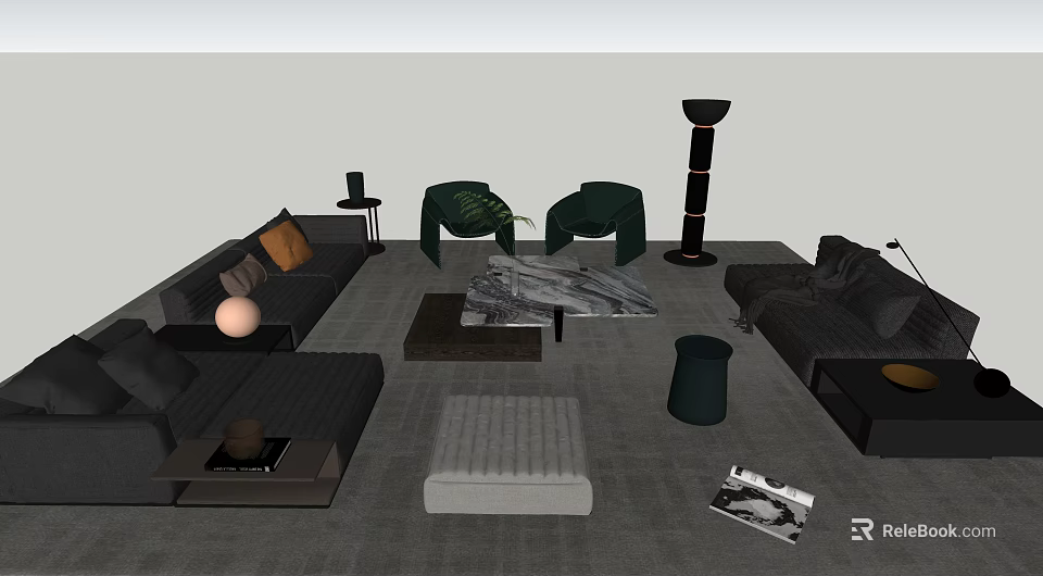 Dark Gray Sofa and Marble Coffee Table Set with Green Accents Floor Lamp and Textured Rug 3d model 