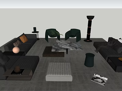 Dark Gray Sofa and Marble Coffee Table Set with Green Accents Floor Lamp and Textured Rug 3d model