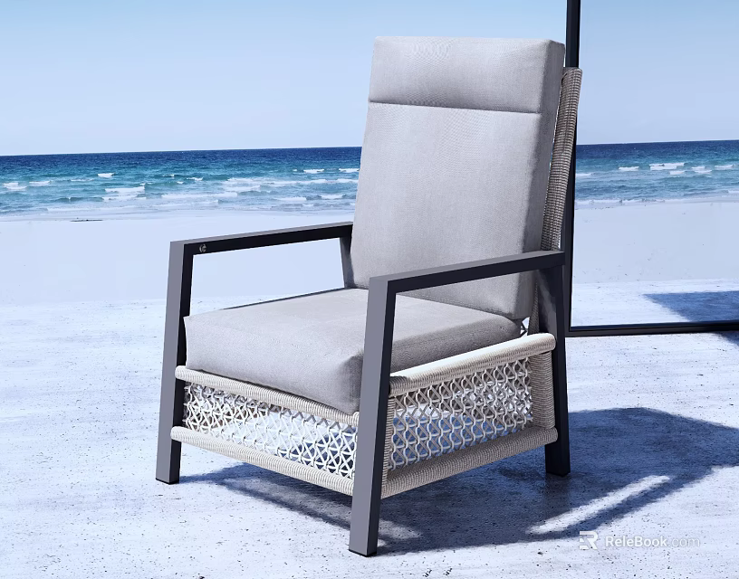 Light Gray Single Sofa With Black Metal Frame And Woven Design For Seaside Patio 3d model 