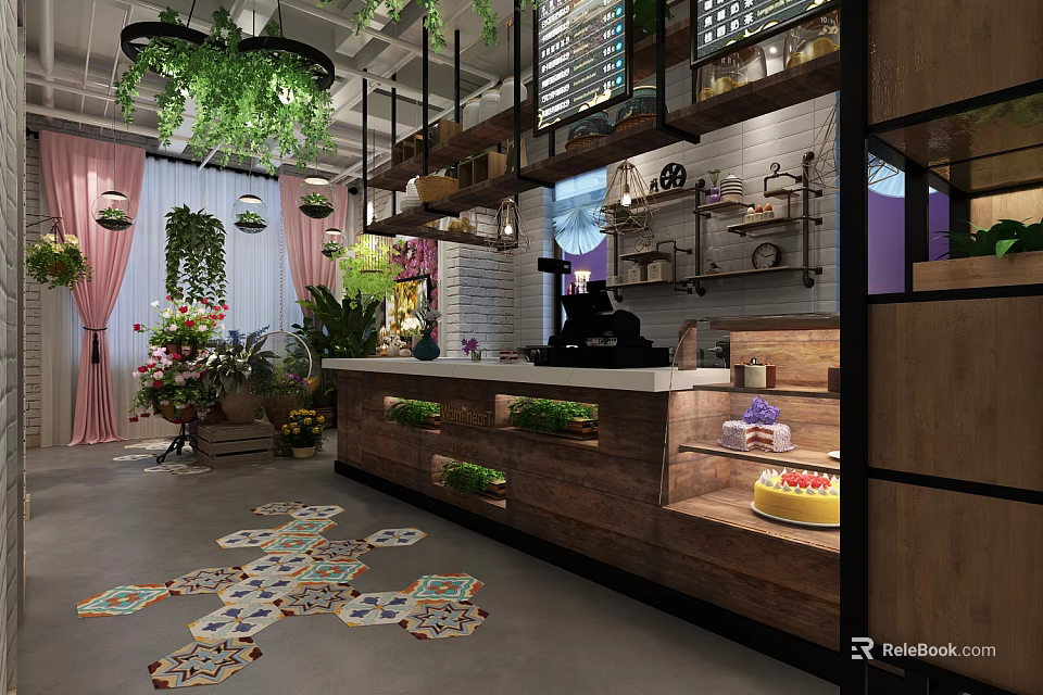 Café Interior Design With Green Plants Wooden Counter Cake Display And Decorative Shelves 3d model 