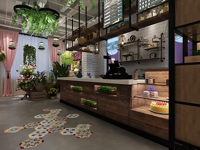 Café Interior Design With Green Plants Wooden Counter Cake Display And Decorative Shelves 3d model