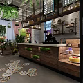 Café Interior Design With Green Plants Wooden Counter Cake Display And Decorative Shelves