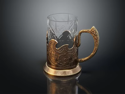 Vintage Glass Mug With Transparent Body Golden Carved Handle Intricate Patterns And Golden Base 3d model