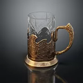 Vintage Glass Mug With Transparent Body Golden Carved Handle Intricate Patterns And Golden Base