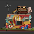 Colorful Camper Van With Luggage Donut Tube Sign Guitar And Campfire On Grass